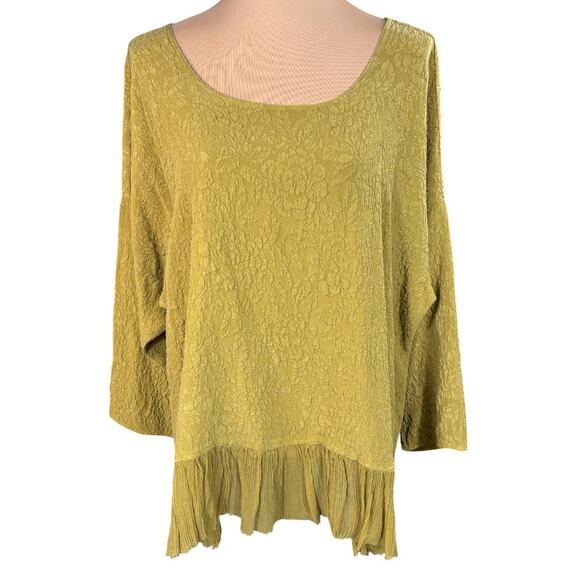 URU Embossed Chartreuse Silk‎ Blouse Chiffon Trim One Size Artisan Made in USA - Picture 1 of 7